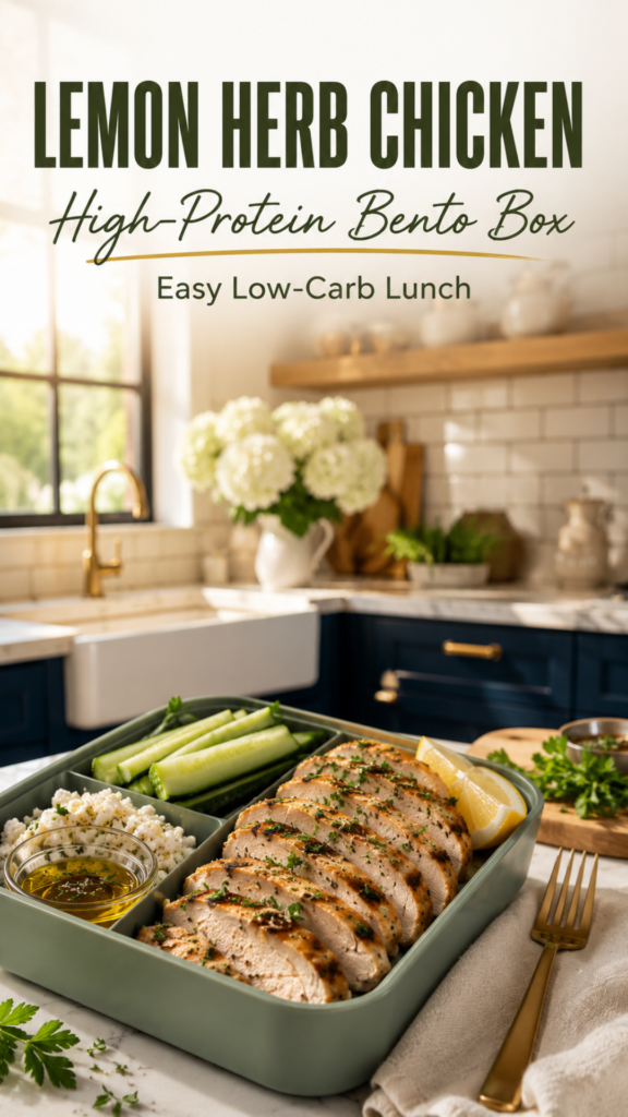 A high-protein bento box with grilled lemon herb chicken, cucumber spears, feta cheese, and olive oil in a sage green lunch container.