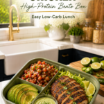 Blackened chicken bento with avocado and pico de gallo.