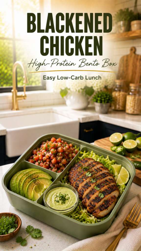 Blackened chicken bento with avocado and pico de gallo.
