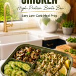 Chicken bento with chimichurri sauce and sautéed mushrooms.