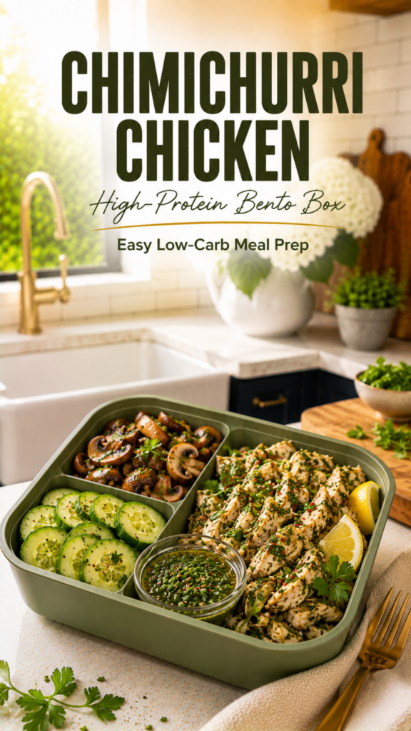 Chicken bento with chimichurri sauce and sautéed mushrooms.