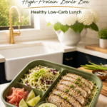 Healthy tuna salad lettuce cup bento box with cherry tomatoes and cucumbers inside a sage green lunch container
