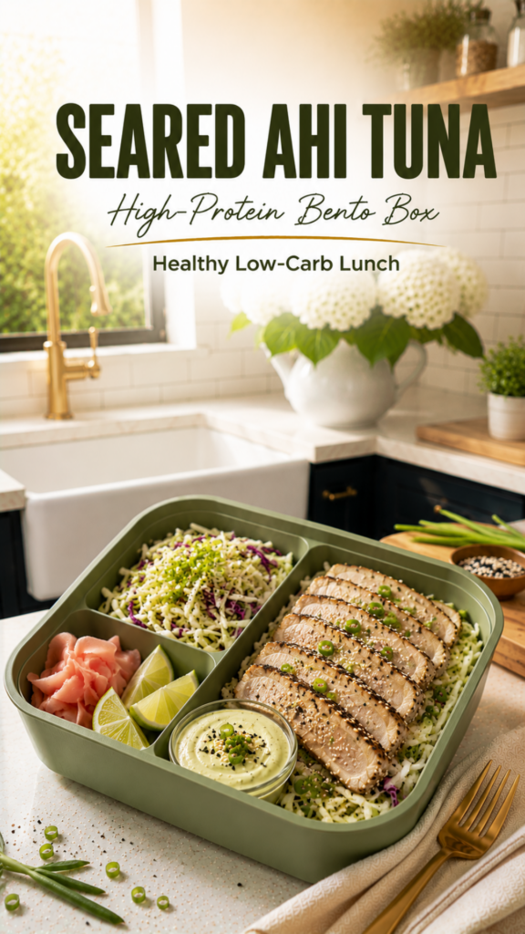 Healthy tuna salad lettuce cup bento box with cherry tomatoes and cucumbers inside a sage green lunch container