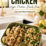 Lemon chicken bento with cauliflower tabbouleh and fresh herbs.