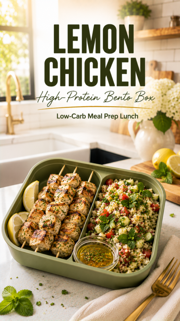 Lemon chicken bento with cauliflower tabbouleh and fresh herbs.