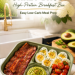 Turkey bacon breakfast bento with eggs, tomatoes, and guacamole.