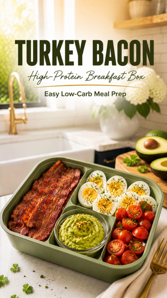 Turkey bacon breakfast bento with eggs, tomatoes, and guacamole.