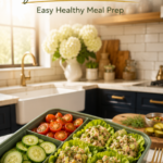 Healthy tuna salad lettuce cup bento box with cherry tomatoes and cucumbers inside a sage green lunch container.