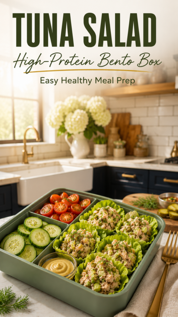 Healthy tuna salad lettuce cup bento box with cherry tomatoes and cucumbers inside a sage green lunch container.