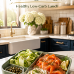 High-protein smoked salmon bento box with cucumber ribbons, cream cheese, capers, and lemon.