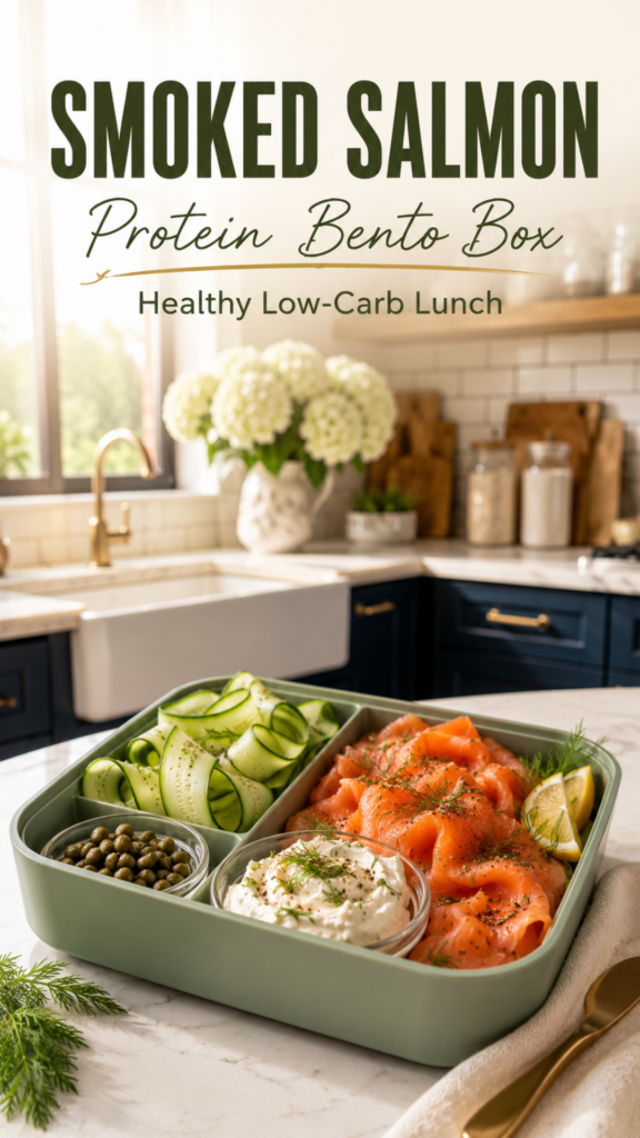High-protein smoked salmon bento box with cucumber ribbons, cream cheese, capers, and lemon.