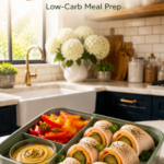 Turkey and cheese roll-ups with pickles, bell peppers, and Dijon mustard inside a healthy bento lunch box.