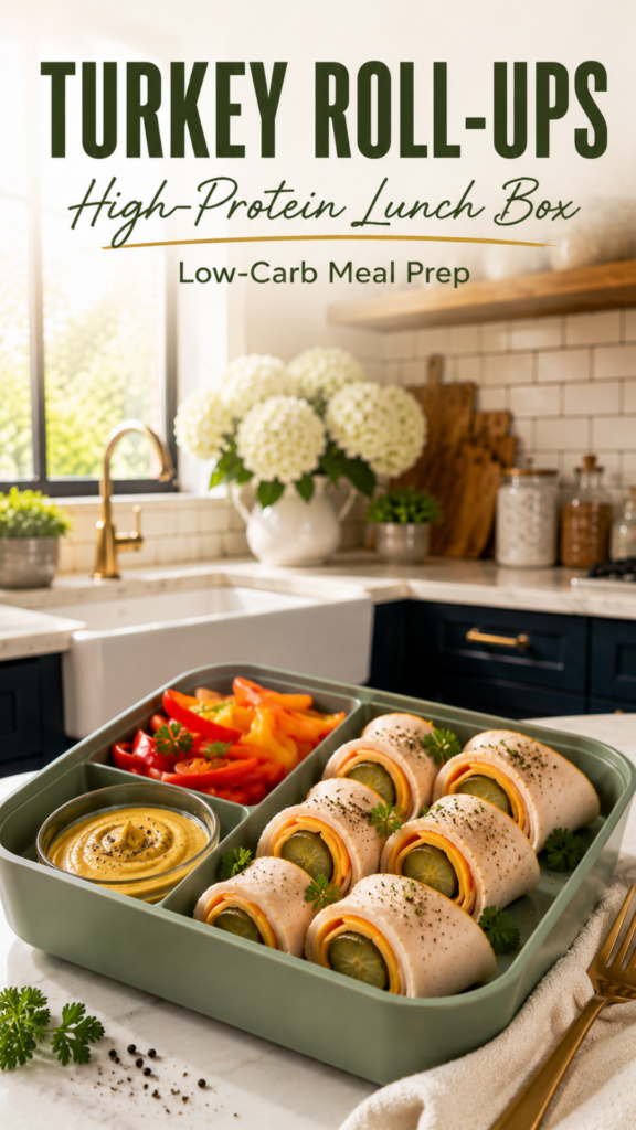 Turkey and cheese roll-ups with pickles, bell peppers, and Dijon mustard inside a healthy bento lunch box.