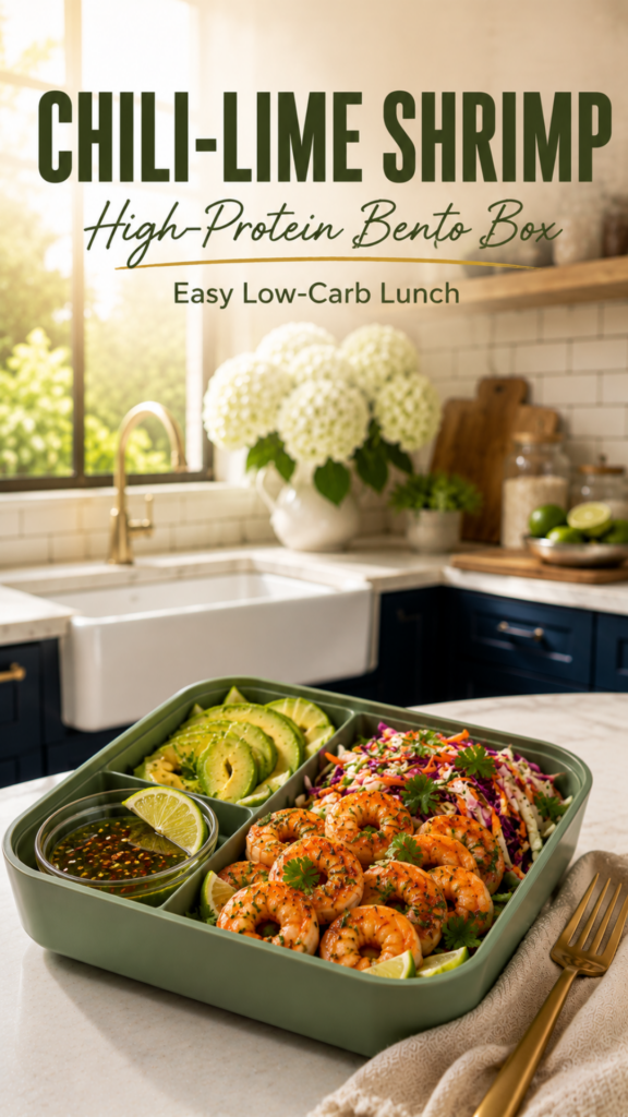 Shrimp bento box with avocado, cabbage slaw, cilantro, and lime in a compartment lunch box.