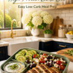 Greek chicken bento box with cucumbers, tomatoes, olives, and yogurt dill dip.