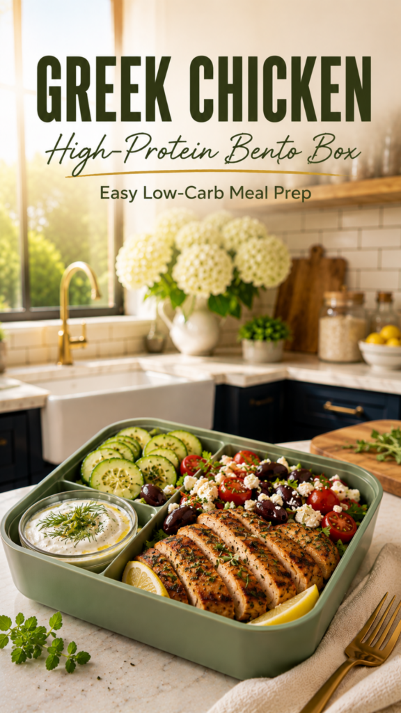 Greek chicken bento box with cucumbers, tomatoes, olives, and yogurt dill dip.