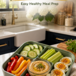 Healthy snack bento box with hard-boiled eggs, cucumbers, celery, peppers, and hummus.