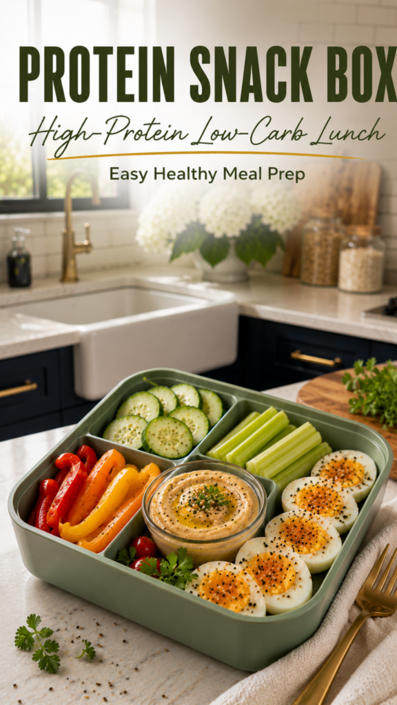 Healthy snack bento box with hard-boiled eggs, cucumbers, celery, peppers, and hummus.
