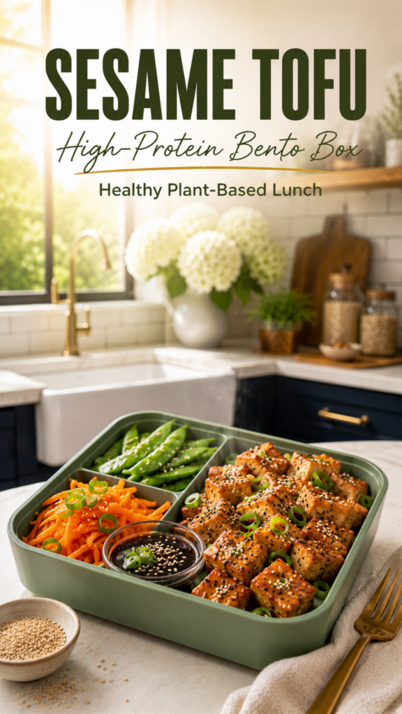 Plant-based tofu bento box with sesame tofu, carrots, snap peas, and dipping sauce.