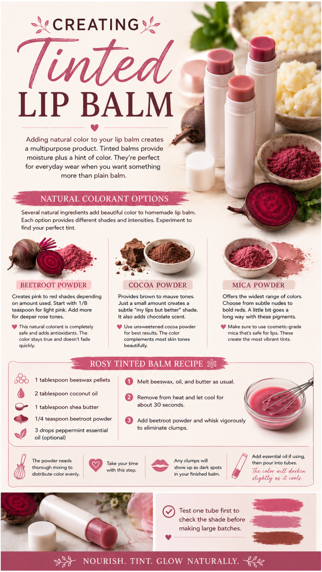 Tinted lip balm recipe infographic featuring rosy pink homemade lip balm tubes, beetroot powder, cocoa powder, and mica powder as natural colorant options, with a rosy balm recipe using beeswax, coconut oil, shea butter, and beetroot powder whisked in a glass bowl.