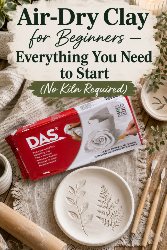 Beginner air-dry clay leaf-pressed dish drying beside a package of clay, rolling pin, and sculpting tools on a craft table.