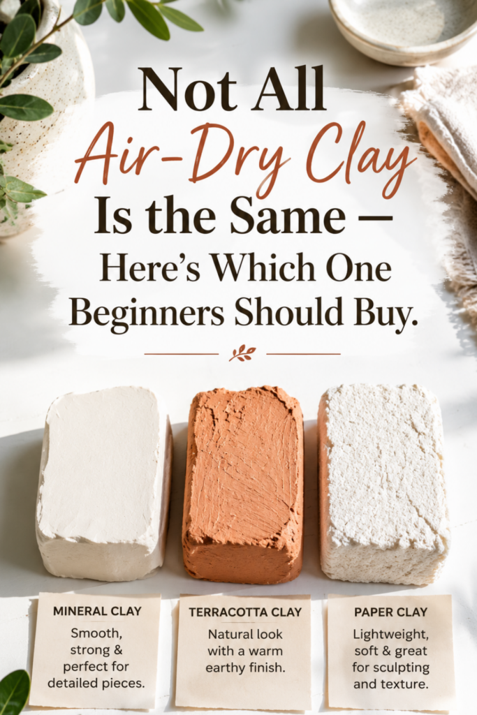 Three types of air-dry clay compared side by side: white mineral clay, terracotta clay, and light paper clay.