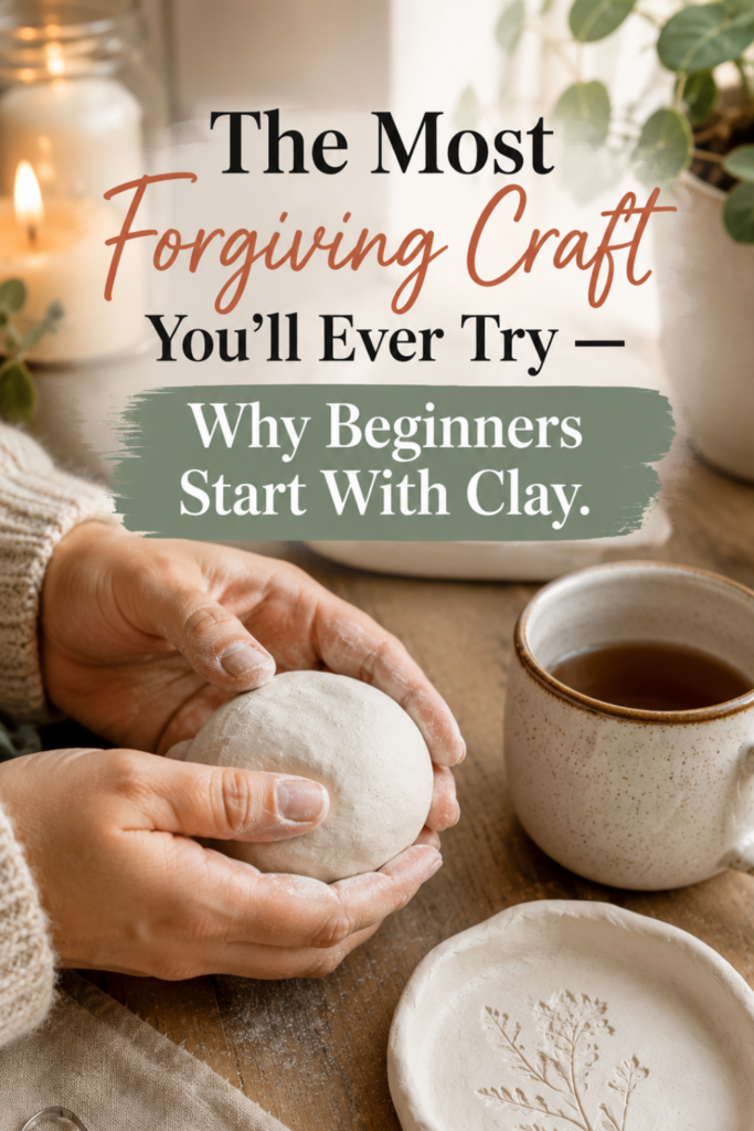 Hands shaping a ball of white air-dry clay at a cozy table with tea and a finished dish nearby.