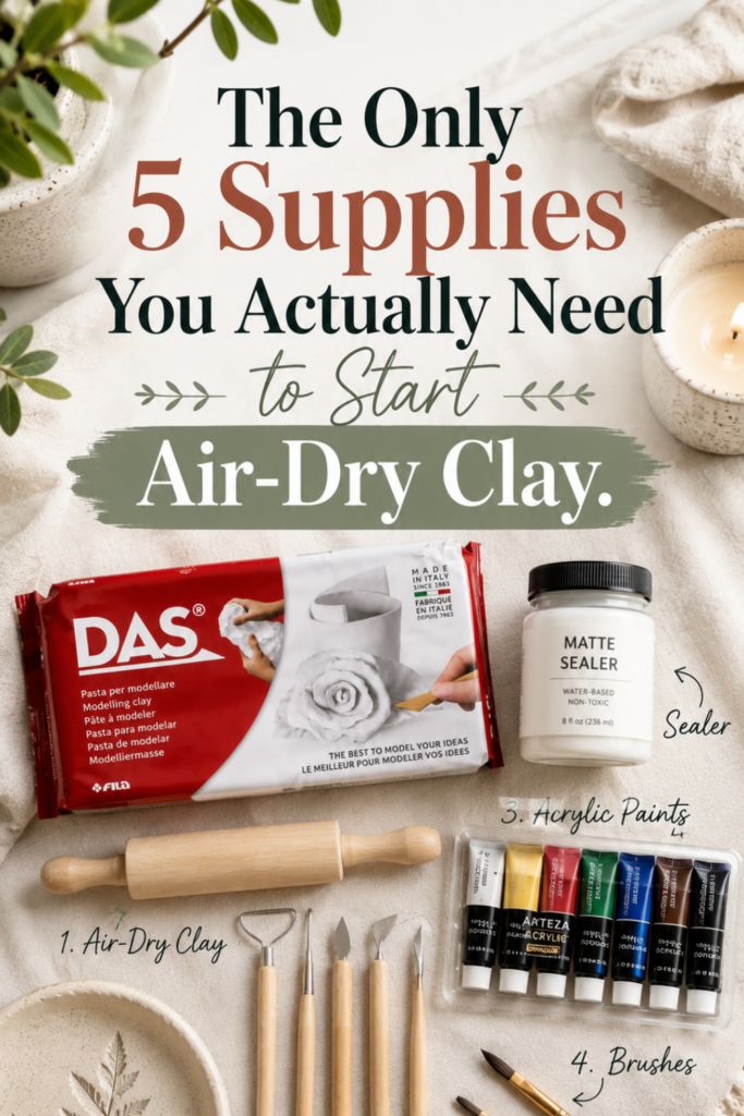 Flat lay of a beginner air-dry clay starter kit including clay, rolling pin, tools, paint, brushes, and sealer