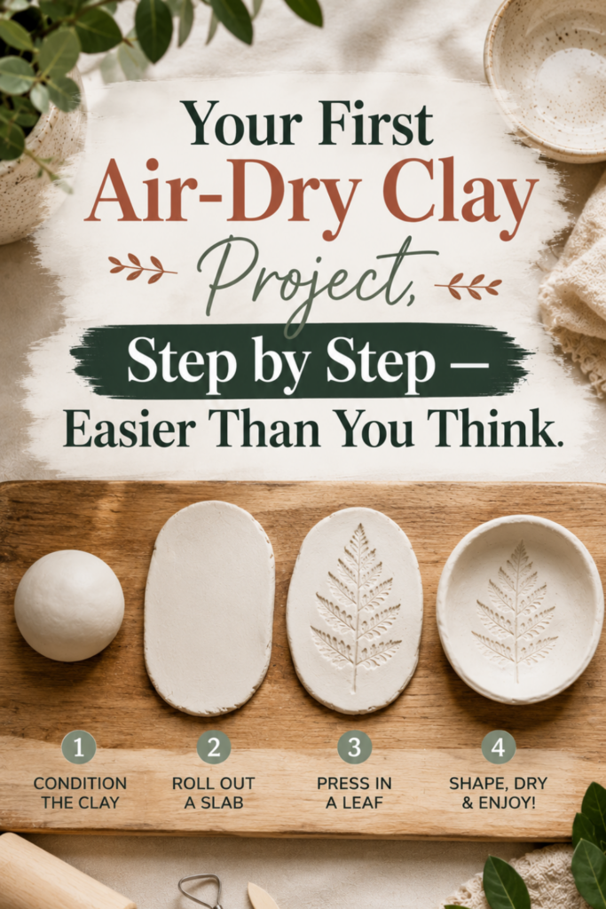 Four-stage sequence showing how to make a leaf-pressed air-dry clay dish from clay ball to finished piece.