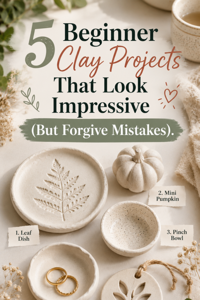 Group of easy beginner air-dry clay projects including a leaf dish, mini pumpkin, pinch bowl, ring dish, and ornament.