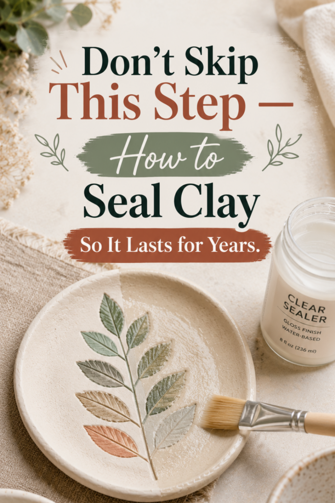 A flat brush applying clear varnish to a painted air-dry clay dish, showing the deepened sealed color.