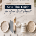 Flat lay of air-dry clay sealing supplies on a white marble surface — two botanical-imprinted trinket dishes flanking a fine-grit sanding block, a soft flat paintbrush, an open jar of white primer, and a labeled Water-Based Varnish Satin Finish jar — with numbered labels 1 Dry, 2 Sand, 3 Paint, 4 Seal, 5 Cure, titled "Dry. Sand. Paint. Seal. Cure. — Save This Guide for Your Next Project"