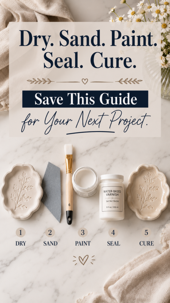 Flat lay of air-dry clay sealing supplies on a white marble surface — two botanical-imprinted trinket dishes flanking a fine-grit sanding block, a soft flat paintbrush, an open jar of white primer, and a labeled Water-Based Varnish Satin Finish jar — with numbered labels 1 Dry, 2 Sand, 3 Paint, 4 Seal, 5 Cure, titled "Dry. Sand. Paint. Seal. Cure. — Save This Guide for Your Next Project"