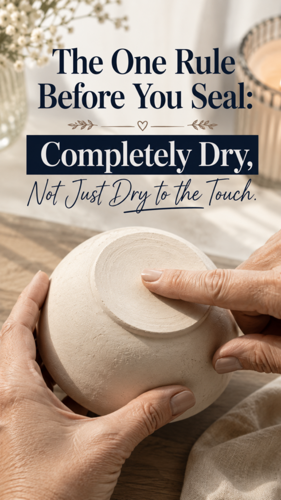 Close-up of hands holding an upturned unsealed air-dry clay bowl on a warm oak surface, one finger pressing gently against the base to check dryness, styled with dried florals and a lit candle in the background, titled "The One Rule Before You Seal: Completely Dry, Not Just Dry to the Touch"