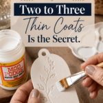 Hands brushing matte Mod Podge sealer onto an unsealed air-dry clay arch-shaped ornament with a delicate botanical leaf imprint, styled on a warm oak surface beside a jar of Plaid Mod Podge Matte, a white ceramic paint tray, and dried florals, titled "The Beginner Favorite — Two to Three Thin Coats Is the Secret"