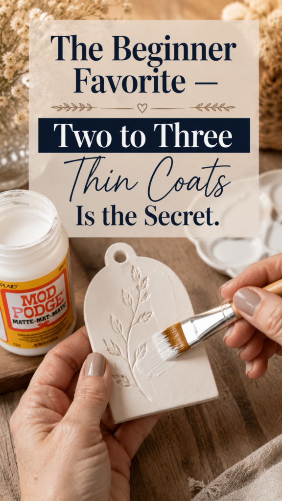 Hands brushing matte Mod Podge sealer onto an unsealed air-dry clay arch-shaped ornament with a delicate botanical leaf imprint, styled on a warm oak surface beside a jar of Plaid Mod Podge Matte, a white ceramic paint tray, and dried florals, titled "The Beginner Favorite — Two to Three Thin Coats Is the Secret"