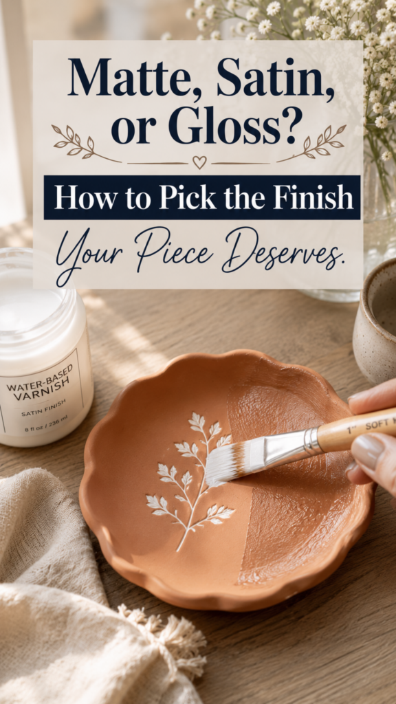 A terracotta air-dry clay scalloped trinket dish with a botanical leaf imprint being brushed with water-based satin varnish on a warm oak surface, showing the difference between the raw matte side and the freshly sealed glossy side, beside an open jar of Water-Based Varnish Satin Finish and dried florals, titled "Matte, Satin, or Gloss? How to Pick the Finish Your Piece Deserves"