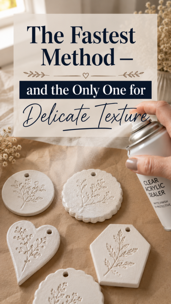 Hand spraying clear acrylic matte sealer over a collection of unsealed air-dry clay ornaments with delicate botanical leaf imprints in circular, heart, and hexagon shapes arranged on kraft paper beside dried florals, titled "The Fastest Method — and the Only One for Delicate Texture"