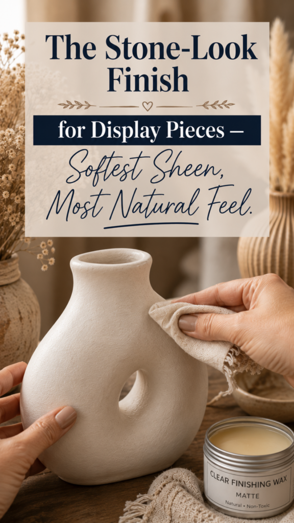 Hands buffing clear matte finishing wax onto a handmade white air-dry clay curved sculptural vase with an organic circular cutout, styled on a warm oak surface beside an open tin labeled Clear Finishing Wax Matte Natural Non-Toxic, dried pampas grass in a ribbed vessel, and a linen napkin, titled "The Stone-Look Finish for Display Pieces — Softest Sheen, Most Natural Feel"