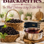 A woven basket overflowing with fresh blackberries next to a saucepan of homemade blackberry sauce and an open cookbook on a white counter in a farmhouse kitchen. Text overlay reads Fresh Blackberries, the most delicious way to use them.
