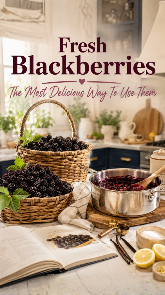A woven basket overflowing with fresh blackberries next to a saucepan of homemade blackberry sauce and an open cookbook on a white counter in a farmhouse kitchen. Text overlay reads Fresh Blackberries, the most delicious way to use them.