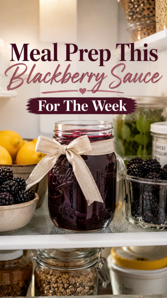 A large mason jar of homemade blackberry sauce tied with a ribbon in the refrigerator, surrounded by fresh blackberries, lemons, and jars of pantry staples. Text overlay reads Meal Prep This Blackberry Sauce For The Week.