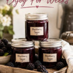 Three small glass jars of dark blackberry sauce with handwritten labels arranged in a rustic wooden crate with fresh blackberries scattered around on a white counter. Text overlay reads Make Once, Enjoy For Weeks.