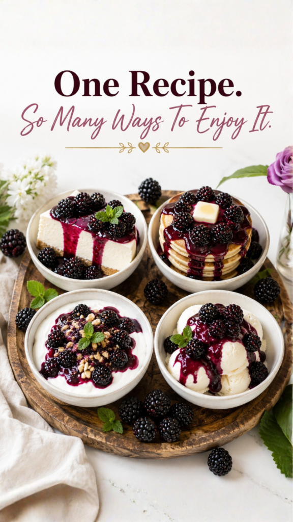 A wooden serving board with four white bowls showing blackberry sauce served over cheesecake, pancakes, and yogurt, surrounded by fresh blackberries. Text overlay reads One Recipe, So Many Ways To Enjoy It.