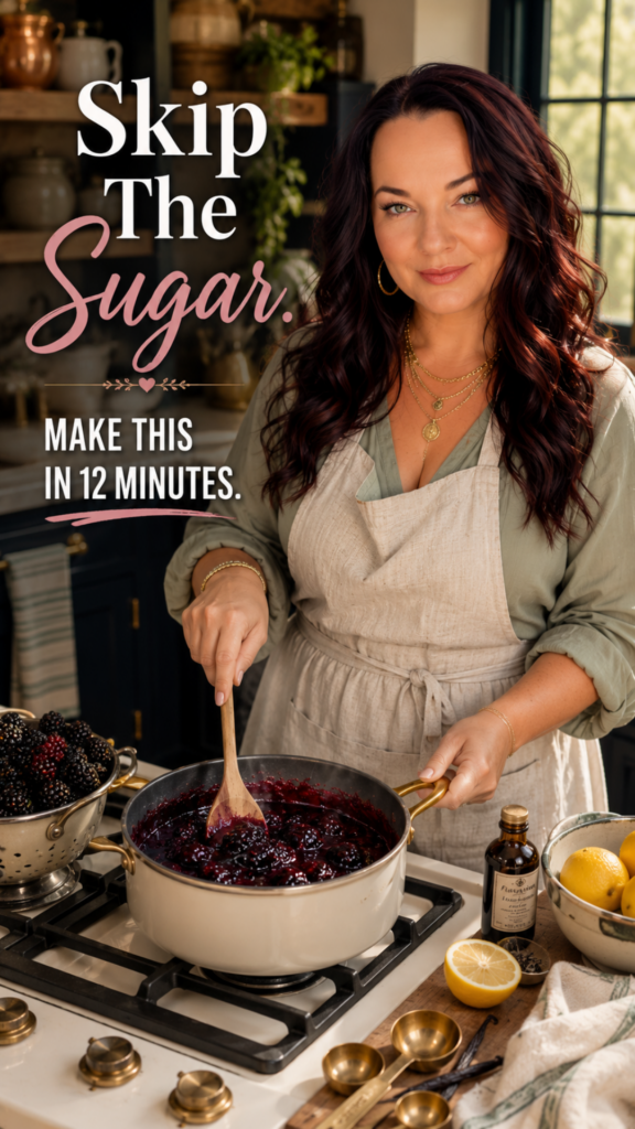 A woman with long dark hair in a sage green top and apron stirs a saucepan of blackberry sauce on the stove in a farmhouse kitchen with fresh blackberries and lemons nearby. Text overlay reads Skip the Sugar, make this in 12 minutes.