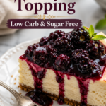 A slice of creamy cheesecake topped with glossy blackberry sauce dripping down the sides, garnished with fresh blackberries and mint on a white plate with a gold fork. Text overlay reads The Perfect Cheesecake Topping, low carb and sugar free.