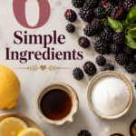 Flat lay of blackberry sauce ingredients on a marble counter including fresh blackberries, lemon slices, vanilla, sweetener, and salt in small bowls with gold measuring spoons. Text overlay reads Only 6 Simple Ingredients.