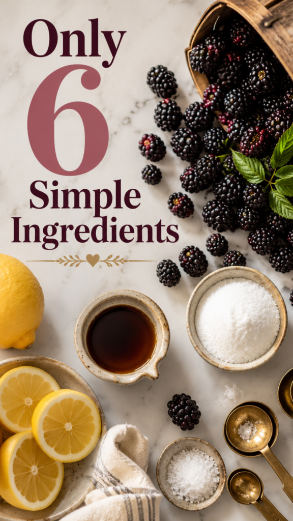 Flat lay of blackberry sauce ingredients on a marble counter including fresh blackberries, lemon slices, vanilla, sweetener, and salt in small bowls with gold measuring spoons. Text overlay reads Only 6 Simple Ingredients.