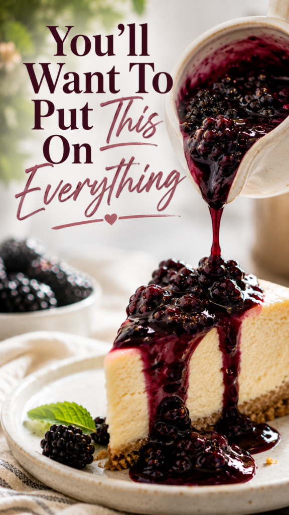 Blackberry sauce being poured from a white pitcher over a slice of cheesecake, with the deep purple sauce dripping down the sides and fresh blackberries nearby. Text overlay reads You'll Want To Put This On Everything.
