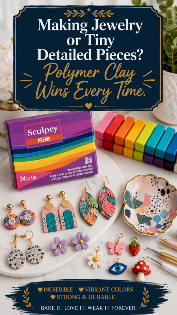 Group of finished polymer clay pieces including colorful statement earrings, charms, and a small patterned trinket.